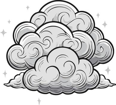 Stylized detailed cloud formation with outlines and grayscale shading featuring subtle sparkles vector