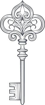 Elaborate Key Drawing Detailed Ornamental Key Illustration Design Element Security Symbol Access Solution vector