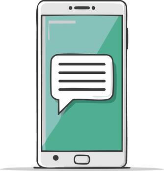 dibujado a mano teléfono inteligente mostrando un mensaje burbuja con texto líneas, representando digital comunicación vector