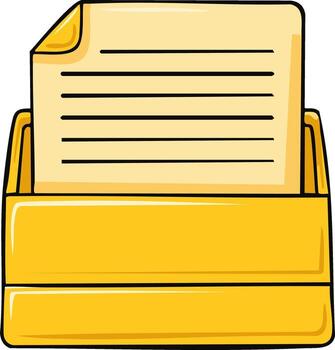 Vibrant yellow cartoon file folder holding a document with text lines, symbolizing office organization vector