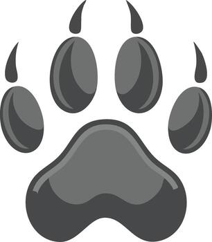 Stylized dark grey animal paw print with glossy texture and sharp claws, isolated graphic emblem vector