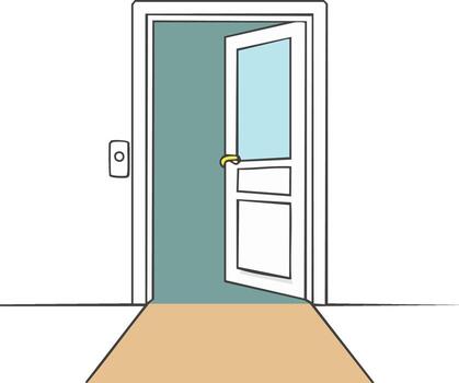 Open door with glass pane and doorknob leads into a room with a welcome mat vector