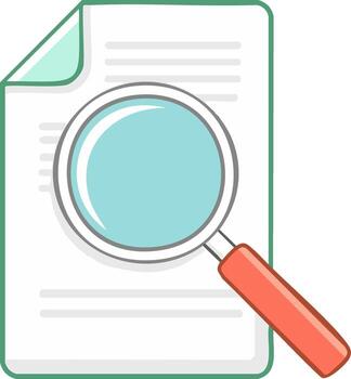 Magnifying glass focusing on document with text lines, search icon, data analysis, discovery, illustration vector