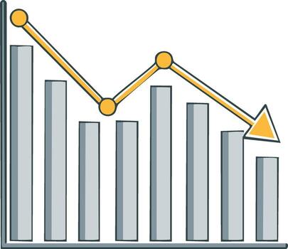 Falling bar chart with a downward trending line and arrow indicating decrease vector