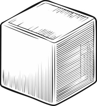 Line art illustration of a three dimensional cube box with textured surfaces and rounded edges vector