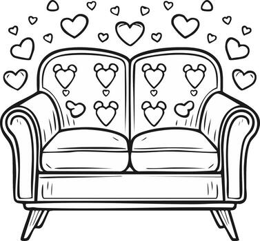 Cozy two seat sofa with floating heart shapes and romantic patterned backrests line art vector