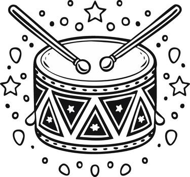 tambor instrumento línea dibujo con palos, triángulo patrones y estrellas contornos vector