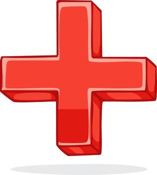 Red plus sign, drawn cartoon style with dimension and shadow on white background vector