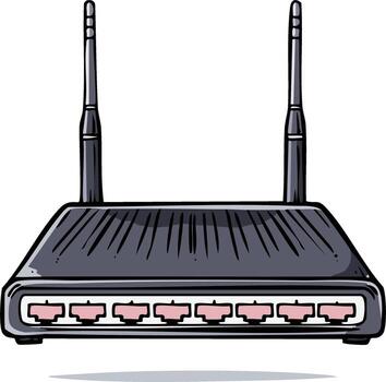 Cartoon style router with two antennas, a device to provide network, and wifi connection vector