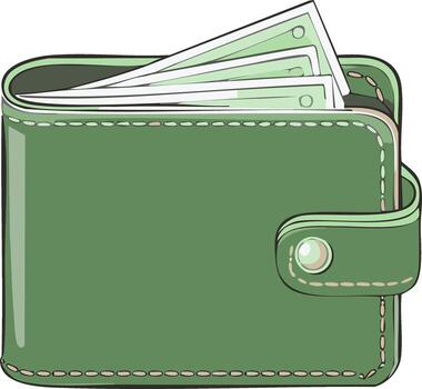 Green Leather Wallet With Cash Stacked Inside and Secure Button Closure vector