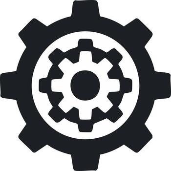 Gear mechanism icon with interlocking cogwheels, machine parts in black and white, mechanical operation vector