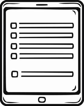 Hand drawn tablet with checklist, simple outline of a digital device with task elements vector