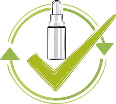 Cosmetic bottle with check mark and arrows symbolizing approval, positive result vector