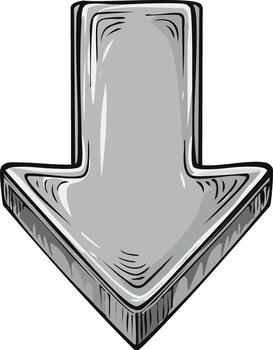 Hand drawn gray downward pointing arrow icon with 3D look and thick outline vector