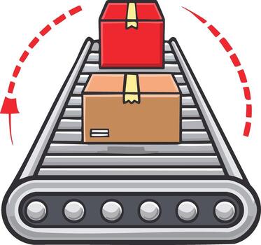 Automated conveyor belt transports cardboard boxes representing efficient logistics and delivery process vector