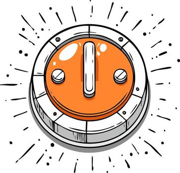 caricaturesco naranja empujar botón con un borde y dos empulgueras emite un aura con dispersado puntos y líneas vector