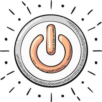 Hand drawn illustration power on off button shining with rays and light coming from the electronic device for technology concept vector