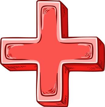 Vibrant red plus sign symbol in a playful cartoon style with dimensional effect vector