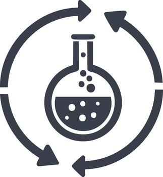 química proceso icono con laboratorio matraz y circular flechas para continuo investigación y desarrollo vector