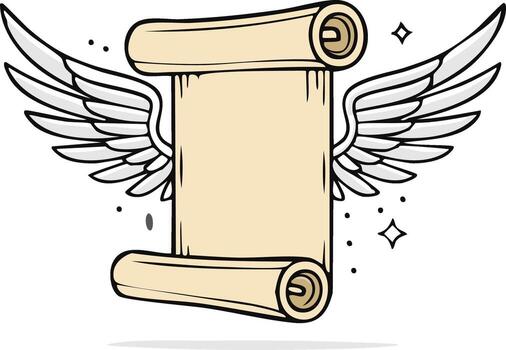 Flying Blank Parchment Scroll with Wings and Magical Sparkles vector