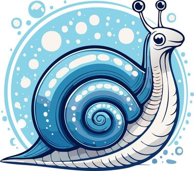 Stylized blue snail with bubble background featuring a glossy shell and cartoon character elements vector