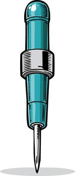 Detailed illustration of a teal drawing or push pin with a silver band and sharp point vector