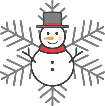 sonriente monigote de nieve con rojo bufanda y sombrero en frente de un grande gris copo de nieve vector