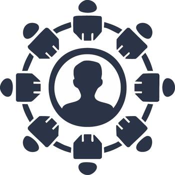 Social network glyph icon with a central user and connected community for teamwork and collaboration vector