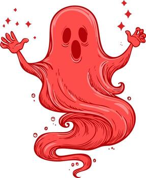 Whimsical Red Ghost Character Floating with Sparkles and Bubbles vector