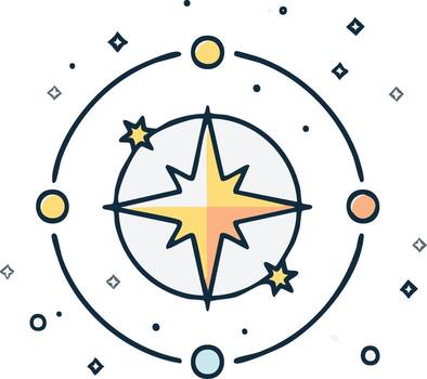 Stylized cartoon navigation star with orbiting planets and sparkles representing guidance and exploration vector