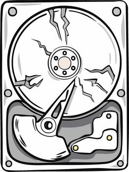 Illustrated broken hard drive with cracked data platter showing computer system error and malfunction vector