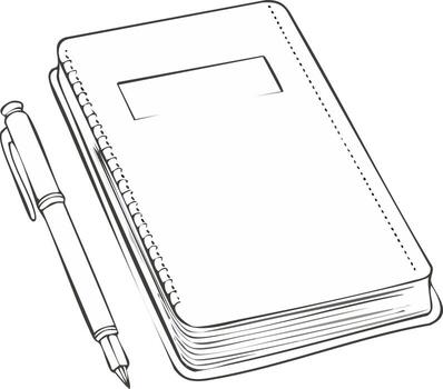 Simple line art drawing of a spiral notebook and pen for writing journaling or studying vector