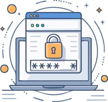 Laptop computer screen with padlock and password for secure online access, data protection vector