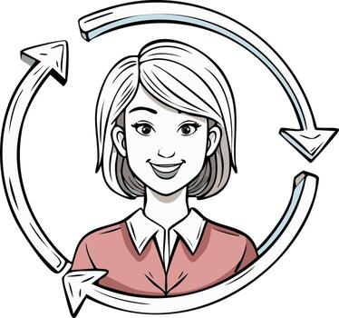 Smiling business woman illustration with arrows depicting customer support cycle or continuous process vector