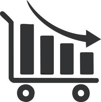Shopping cart with downward trending bar graph and arrow icon representing sales decline vector