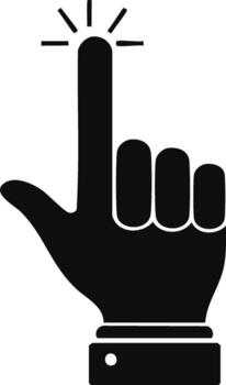 Simple black icon of a hand with a pointing finger and touch effect vector