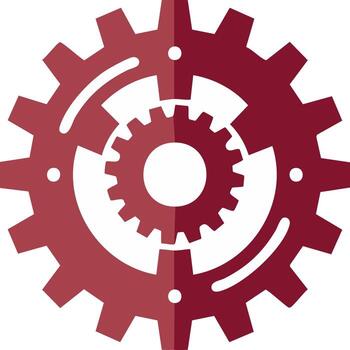 Interlocking gears in deep red form a mechanical symbol of connection and industry vector