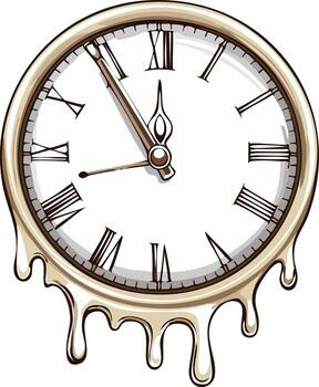 Surreal dripping clock face with Roman numerals representing time distortion and urgency vector