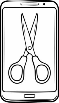 Line art illustration of a smartphone with scissors icon for mobile content editing vector