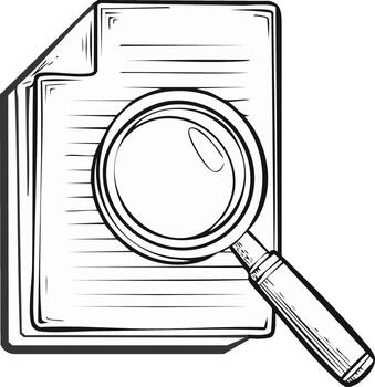 aumentador vaso examinando documento paginas con líneas de texto para inspección y análisis vector