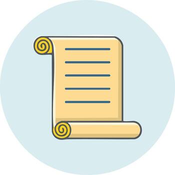 plano diseño icono de un antiguo arrollado pergamino Desplazarse con azul texto líneas vector