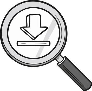 Magnifying Glass with Download Icon Represents Searching Files and Data Retrieval Process vector