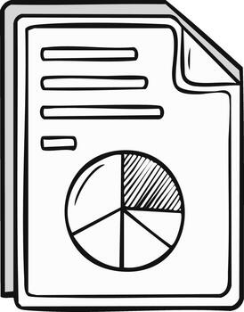 Hand drawn sketch of a document with pie chart and text lines for data analysis vector