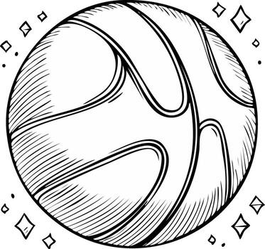 Stylized monochrome basketball illustration with decorative sparkle elements and dynamic shading lines vector