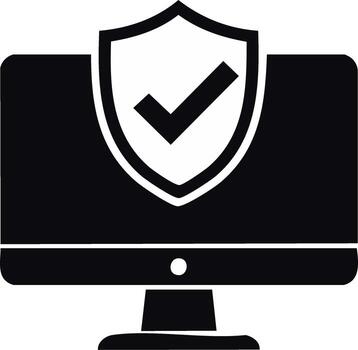 Cybersecurity icon with protected computer monitor and shield with checkmark for system security vector