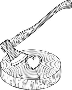 Conceptual line drawing of an axe stuck in a tree stump with a carved heart vector