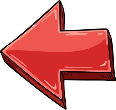 Cartoon red arrow pointing left to direction or navigation symbol. drawing of single directional sign for user interface vector