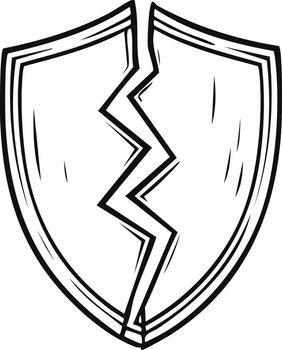 Hand drawn broken shield with a jagged lightning crack depicting failure or weakness vector