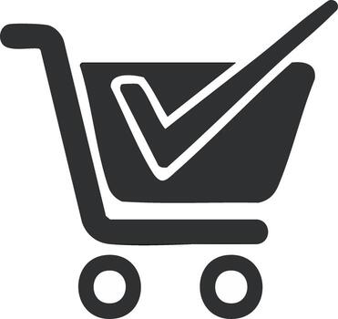 Shopping cart with check mark icon, symbol of purchase completion vector