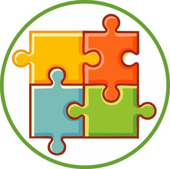 Four puzzle pieces connected inside a green circle, a symbol of teamwork and unity vector